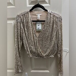 Sequin V-Neck WRAPOVER BLOUSE  Long Sleeve Top